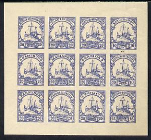 German Cols 1900 Yacht imperf forgery pane of 12 for various Colonies printed se-tenant in blue on gummed paper (20pfg, 10c, 10p & 15h)