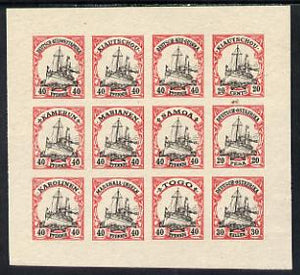 German Cols 1900 Yacht imperf forgery pane of 12 for various Colonies printed se-tenant in black & red on ungummed paper (40pfg, 20c, 20p & 30h)