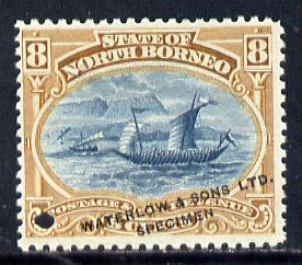 North Borneo 1894 Malay Dhow Printers sample of 8c (as SG 74) in blue & brown opt'd 'Waterlow & Sons Specimen' with small security punch hole unmounted mint