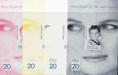 Somaliland 1999 Great People of the 20th Century - Princess Diana souvenir sheet, the set of 4 imperf progressive proofs comprising various colour combinations incl completed design unmounted mint