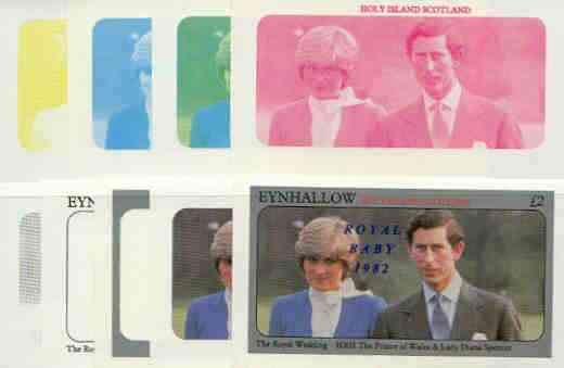 Eynhallow 1982 Royal Baby opt on Royal Wedding £2 deluxe sheet (Charles & Di) the set of 9 imperf progressive proofs comprising the 5 individual colours plus 2, 3, 4 & all 5-colour composites unmounted mint