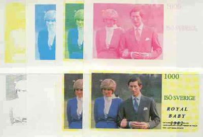 Iso - Sweden 1982 Royal Baby opt on Royal Wedding 1000 deluxe sheet (Charles & Di), the set of 8 imperf progressive proofs comprising the individual colours plus various colour combinations unmounted mint