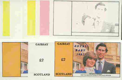 Gairsay 1982 Royal Baby opt on Royal Wedding £2 deluxe sheet (Charles & Di), the set of 8 imperf progressive proofs comprising the individual colours plus various colour combinations unmounted mint