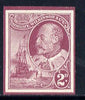 Cinderella - Great Britain Bradbury Wilkinson imperf dummy 2d stamp in maroon on ungummed paper depicting KEVII & Naval Destroyer
