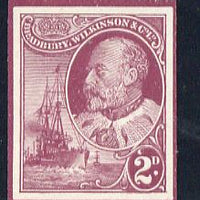 Cinderella - Great Britain Bradbury Wilkinson imperf dummy 2d stamp in maroon on ungummed paper depicting KEVII & Naval Destroyer