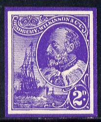 Cinderella - Great Britain Bradbury Wilkinson imperf dummy 2d stamp in purple on ungummed paper depicting King Edward VII & Naval Destroyer
