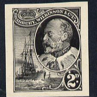 Cinderella - Great Britain Bradbury Wilkinson imperf dummy 2d stamp in black on ungummed paper depicting KEVII & Naval Destroyer, minor wrinkles