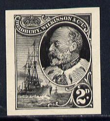 Cinderella - Great Britain Bradbury Wilkinson imperf dummy 2d stamp in black on ungummed paper depicting KEVII & Naval Destroyer, minor wrinkles