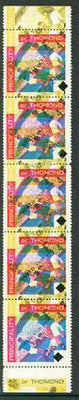 Thomond 1965 Football 4d (Diamond shaped) surcharged 2s6d World Cup 1966, unmounted mint strip of 5 with superb 21 mm shift of yellow