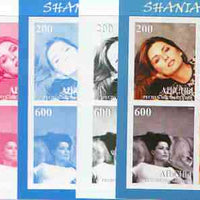 Abkhazia 2000 Shania Twain sheetlet containing 4 values - the set of 5 imperf progressive proofs comprising the 4 individual colours plus all 4-colour composite (completed design) 20 proofs
