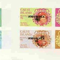 Calve Island 1986 Queen's 60th Birthday imperf sheetlet containing 4 values with AMERIPEX opt in black, set of 5 progressive proofs comprising single & various composite combinations (20 proofs) unmounted mint