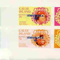 Calve Island 1986 Queen's 60th Birthday imperf sheetlet containing 4 values with AMERIPEX opt in blue, set of 5 progressive proofs comprising single & various composite combinations (20 proofs) unmounted mint