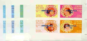 Calve Island 1986 Queen's 60th Birthday imperf sheetlet containing 4 values with AMERIPEX opt in blue, set of 5 progressive proofs comprising single & various composite combinations (20 proofs) unmounted mint
