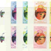 Staffa 1986 Queen's 60th Birthday imperf sheetlet containing 4 values with AMERIPEX opt in black, set of 5 progressive proofs comprising single & various composite combinations (20 proofs) unmounted mint