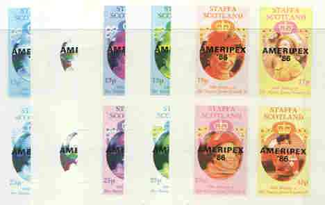 Staffa 1986 Queen's 60th Birthday imperf sheetlet containing 4 values with AMERIPEX opt in black, set of 5 progressive proofs comprising single & various composite combinations (20 proofs) unmounted mint