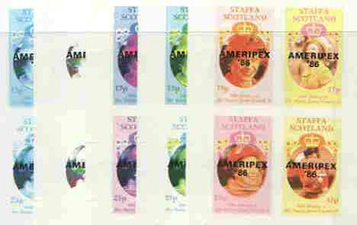 Staffa 1986 Queen's 60th Birthday imperf sheetlet containing 4 values with AMERIPEX opt in black, set of 5 progressive proofs comprising single & various composite combinations (20 proofs) unmounted mint