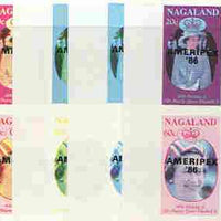 Nagaland 1986 Queen's 60th Birthday imperf sheetlet containing 4 values with AMERIPEX opt in black, set of 5 progressive proofs comprising single & various composite combinations (20 proofs) unmounted mint