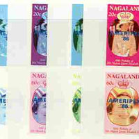 Nagaland 1986 Queen's 60th Birthday imperf sheetlet containing 4 values with AMERIPEX opt in blue, set of 5 progressive proofs comprising single & various composite combinations (20 proofs) unmounted mint