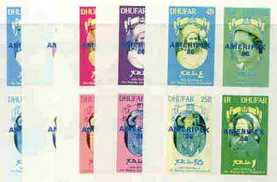 Dhufar 1986 Queen's 60th Birthday imperf sheetlet containing 4 values with AMERIPEX opt in blue, set of 5 progressive proofs comprising single & various composite combinations (20 proofs) unmounted mint