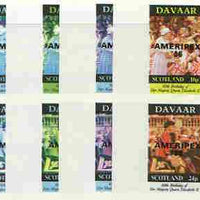 Davaar Island 1986 Queen's 60th Birthday imperf sheetlet containing 4 values with AMERIPEX opt in black, set of 5 progressive proofs comprising single & various composite combinations (20 proofs) unmounted mint