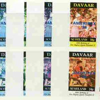 Davaar Island 1986 Queen's 60th Birthday imperf sheetlet containing 4 values with AMERIPEX opt in blue, set of 5 progressive proofs comprising single & various composite combinations (20 proofs) unmounted mint