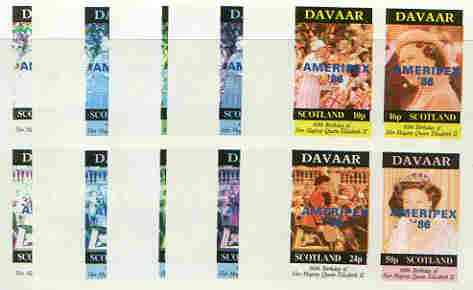 Davaar Island 1986 Queen's 60th Birthday imperf sheetlet containing 4 values with AMERIPEX opt in blue, set of 5 progressive proofs comprising single & various composite combinations (20 proofs) unmounted mint