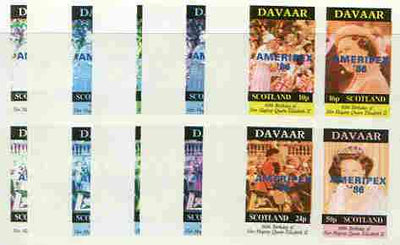 Davaar Island 1986 Queen's 60th Birthday imperf sheetlet containing 4 values with AMERIPEX opt in blue, set of 5 progressive proofs comprising single & various composite combinations (20 proofs) unmounted mint