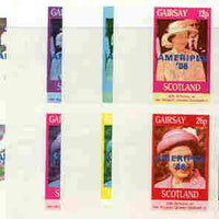 Gairsay 1986 Queen's 60th Birthday imperf sheetlet containing 4 values with AMERIPEX opt in blue, set of 5 progressive proofs comprising single & various composite combinations (20 proofs) unmounted mint