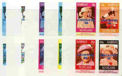Gairsay 1986 Queen's 60th Birthday imperf sheetlet containing 4 values with AMERIPEX opt in blue, set of 5 progressive proofs comprising single & various composite combinations (20 proofs) unmounted mint