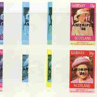 Gairsay 1986 Queen's 60th Birthday imperf sheetlet containing 4 values with AMERIPEX opt in black, set of 5 progressive proofs comprising single & various composite combinations (20 proofs) unmounted mint
