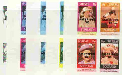 Gairsay 1986 Queen's 60th Birthday imperf sheetlet containing 4 values with AMERIPEX opt in black, set of 5 progressive proofs comprising single & various composite combinations (20 proofs) unmounted mint
