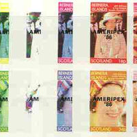 Bernera 1986 Queen's 60th Birthday imperf sheetlet containing 4 values with AMERIPEX opt in black, set of 5 progressive proofs comprising single & various composite combinations (20 proofs) unmounted mint