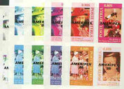 Eritrea 1986 Queen's 60th Birthday imperf sheetlet containing 4 values with AMERIPEX opt in black, set of 5 progressive proofs comprising single & various composite combinations (20 proofs)