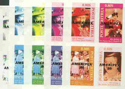 Eritrea 1986 Queen's 60th Birthday imperf sheetlet containing 4 values with AMERIPEX opt in black, set of 5 progressive proofs comprising single & various composite combinations (20 proofs)