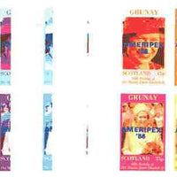 Grunay 1986 Queen's 60th Birthday imperf sheetlet containing 4 values with AMERIPEX opt in blue, set of 5 progressive proofs comprising single & various composite combinations (20 proofs) unmounted mint