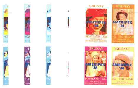 Grunay 1986 Queen's 60th Birthday imperf sheetlet containing 4 values with AMERIPEX opt in blue, set of 5 progressive proofs comprising single & various composite combinations (20 proofs) unmounted mint