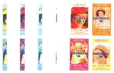 Grunay 1986 Queen's 60th Birthday imperf sheetlet containing 4 values with AMERIPEX opt in blue, set of 5 progressive proofs comprising single & various composite combinations (20 proofs) unmounted mint