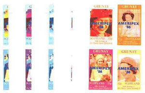 Grunay 1986 Queen's 60th Birthday imperf sheetlet containing 4 values with AMERIPEX opt in blue, set of 5 progressive proofs comprising single & various composite combinations (20 proofs) unmounted mint