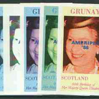 Grunay 1986 Queen's 60th Birthday imperf souvenir sheet (£1 value) with AMERIPEX opt in blue, set of 5 progressive proofs comprising single & various composite combinations unmounted mint