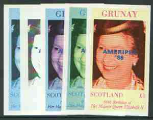 Grunay 1986 Queen's 60th Birthday imperf souvenir sheet (£1 value) with AMERIPEX opt in blue, set of 5 progressive proofs comprising single & various composite combinations unmounted mint