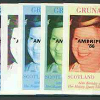 Grunay 1986 Queen's 60th Birthday imperf souvenir sheet (£1 value) with AMERIPEX opt in black, set of 5 progressive proofs comprising single & various composite combinations unmounted mint