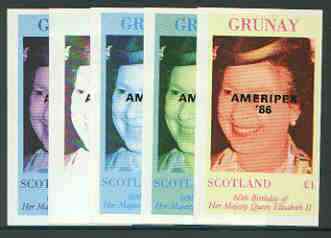 Grunay 1986 Queen's 60th Birthday imperf souvenir sheet (£1 value) with AMERIPEX opt in black, set of 5 progressive proofs comprising single & various composite combinations unmounted mint