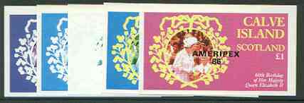 Calve Island 1986 Queen's 60th Birthday imperf souvenir sheet (£1 value) with AMERIPEX opt in black, set of 5 progressive proofs comprising single & various composite combinations,unmounted mint