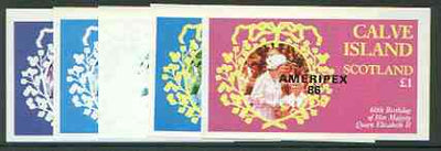 Calve Island 1986 Queen's 60th Birthday imperf souvenir sheet (£1 value) with AMERIPEX opt in black, set of 5 progressive proofs comprising single & various composite combinations,unmounted mint