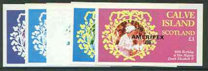 Calve Island 1986 Queen's 60th Birthday imperf souvenir sheet (£1 value) with AMERIPEX opt in black, set of 5 progressive proofs comprising single & various composite combinations,unmounted mint