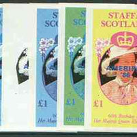 Staffa 1986 Queen's 60th Birthday imperf souvenir sheet (£1 value) with AMERIPEX opt in blue, set of 5 progressive proofs comprising single & various composite combinations,unmounted mint