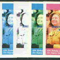 Eritrea 1986 Queen's 60th Birthday imperf souvenir sheet (160s value) with AMERIPEX opt in blue, set of 5 progressive proofs comprising single & various composite combinations