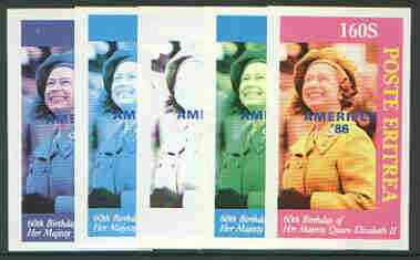 Eritrea 1986 Queen's 60th Birthday imperf souvenir sheet (160s value) with AMERIPEX opt in blue, set of 5 progressive proofs comprising single & various composite combinations