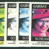 Gairsay 1986 Queen's 60th Birthday imperf souvenir sheet (£1 value) with AMERIPEX opt in blue, set of 4 progressive proofs comprising single & various composite combinations unmounted mint