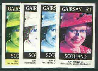 Gairsay 1986 Queen's 60th Birthday imperf souvenir sheet (£1 value) with AMERIPEX opt in blue, set of 4 progressive proofs comprising single & various composite combinations unmounted mint